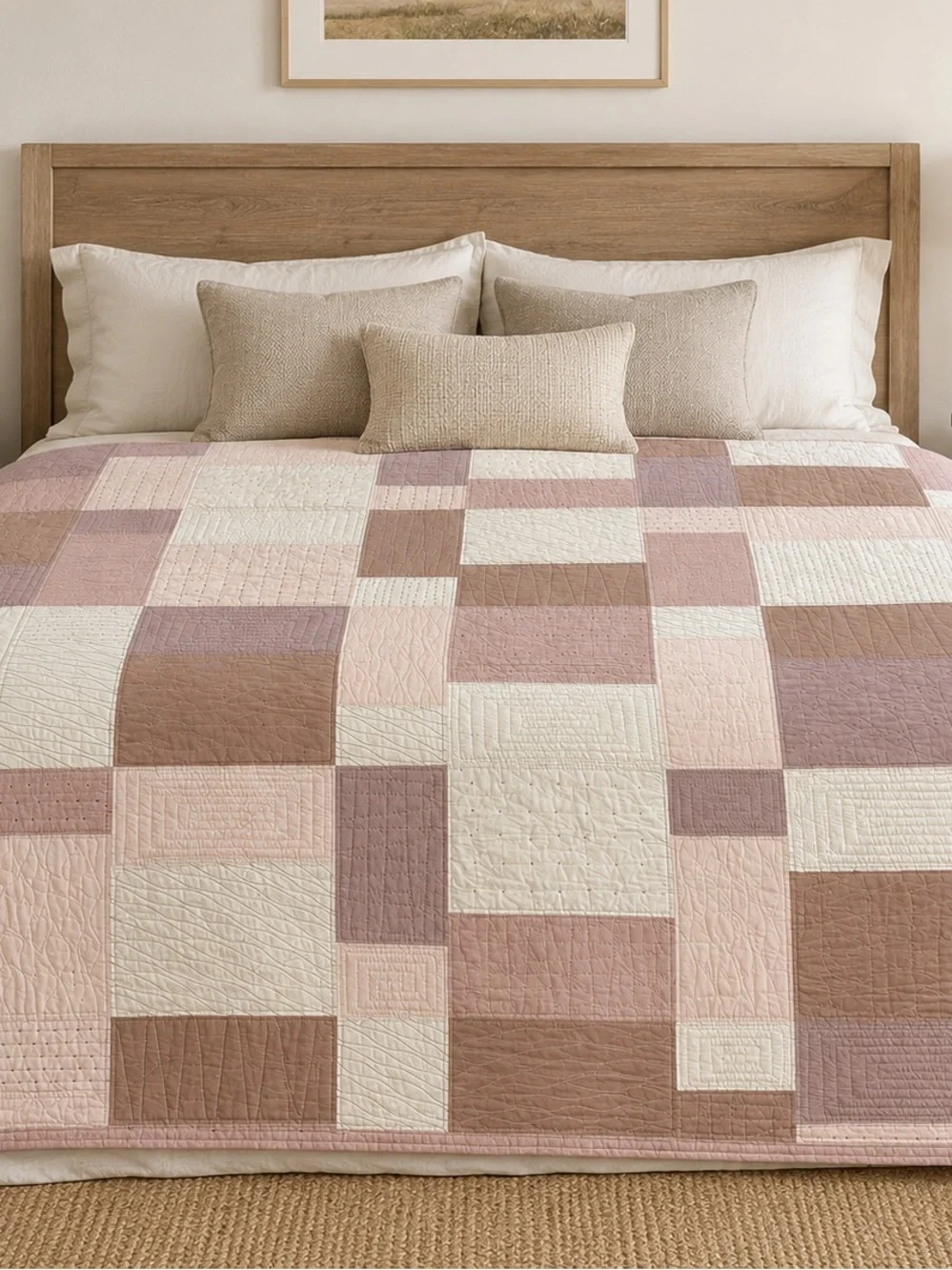 Vtg 90s Patchwork Appliqué Quilt King/CK Pick Stitch Comforter 112x95 Pink Brick